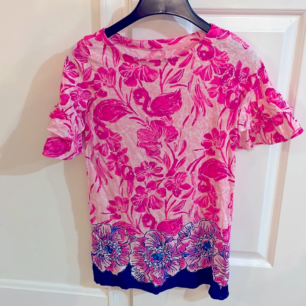 Girls pink and navy blue Lilly Pulitzer ruffled dress. Size medium (6-7)